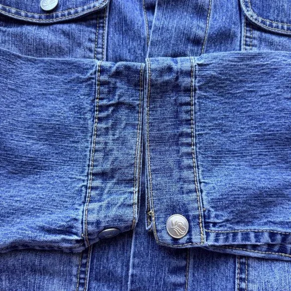 Women of Faith Denim Jacket M Blue Embroidered Button Front  Long Sleeve Pockets - Picture 8 of 9